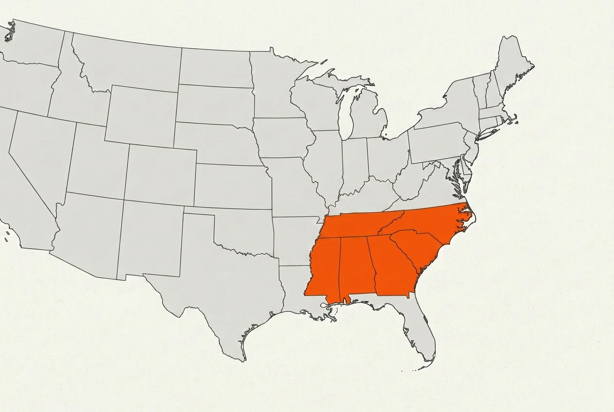 Map of the Southeast US highlighting MS, AL, TN, GA, SC, NC